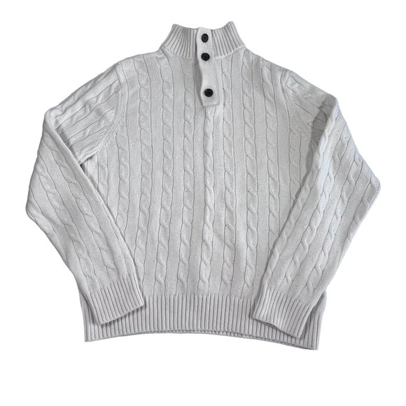 Banana Republic 3 Button 1/4 Mock Neck Cable‎ Knit Sweater Ivory Mens Size XL - Picture 1 of 11
